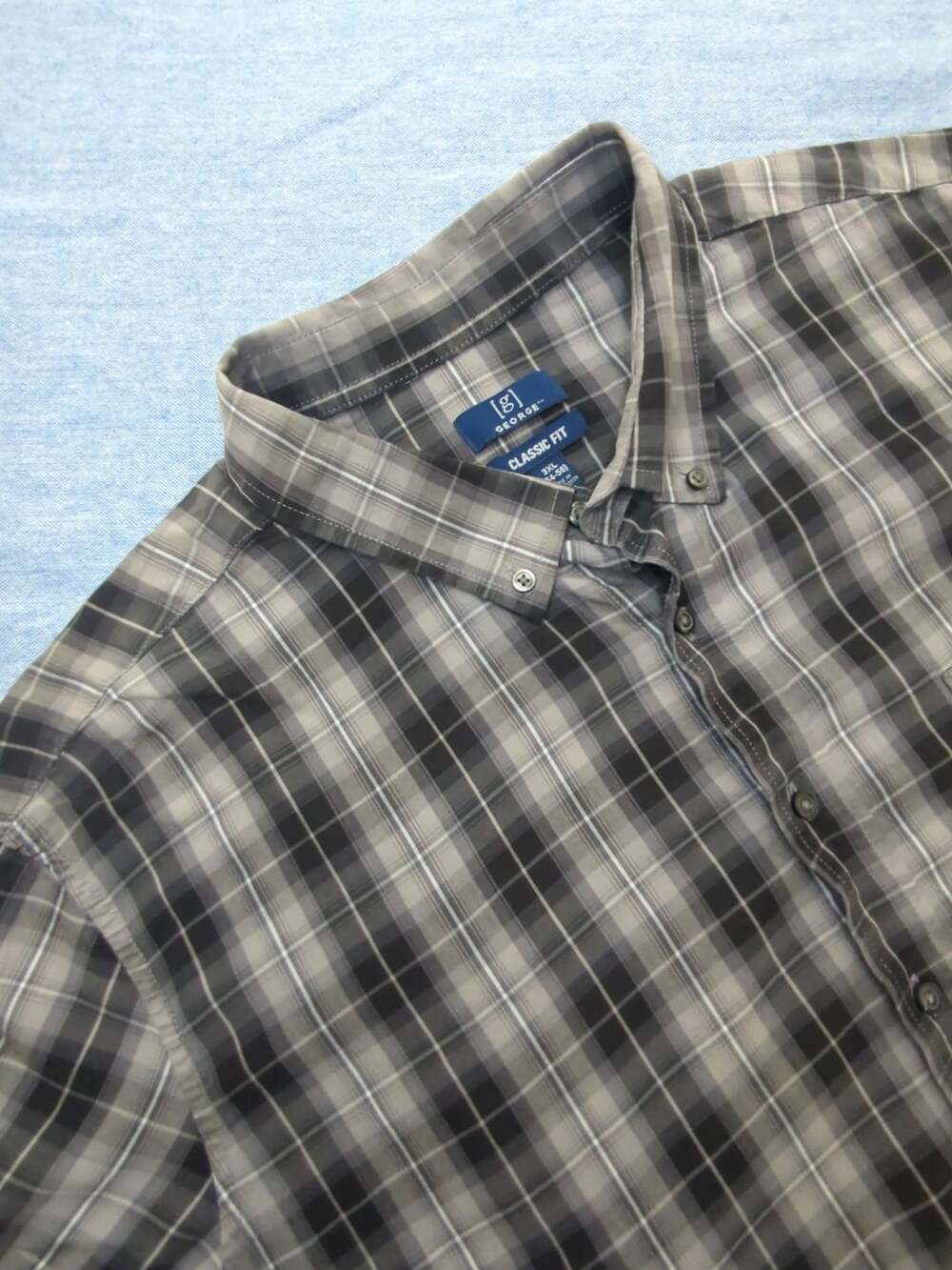 George Classic Fit Plaid Button Down Shirt Size 3XL Gray Short Sleeve  #119